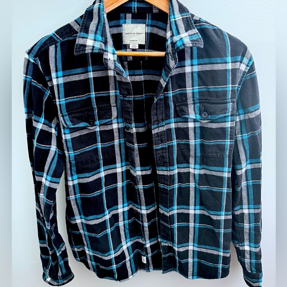 American Eagle Men’s Blue Black Plaid Flannel Shirt M Classic Fit